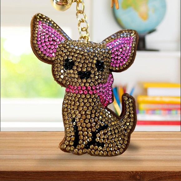 Cute Cartoon Chihuahua Keychain Rhinestone Pet Dog Key Chain Bag Backpack Charm - Picture 3 of 5